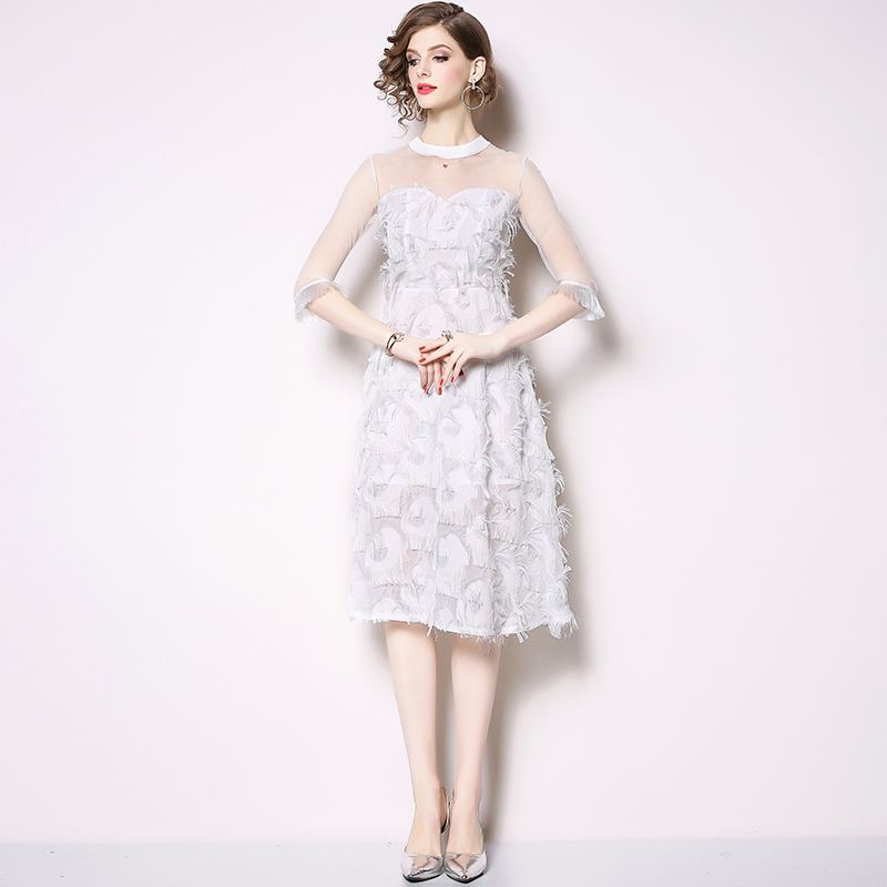 Womens Autumn Elegant Mesh Patchwork Tassels Feather Black Sexy Slim Vintage Casual Office Party Dress Vestidos 210525