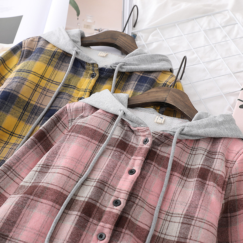 Winter Velvet Hoodies Womens Thick Plaid Shirts Long Sleeve Keep Warm Casual Female Clothes Outwear Coat Hoody Jacket 201217