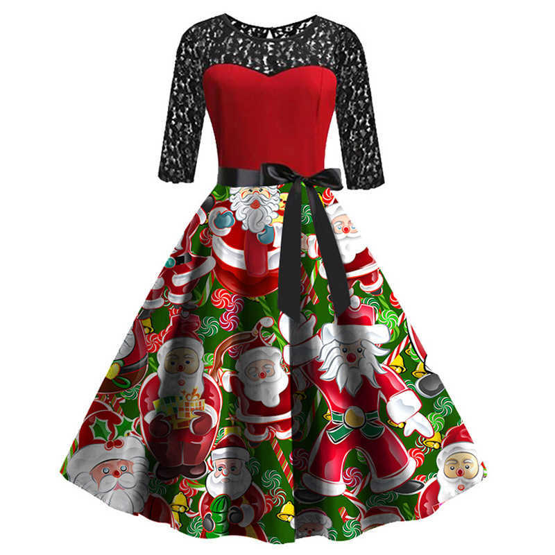 Autumn Winter Christmas Dress Women Sexy Lace Patchwork O Neck Half Sleeve Santa Claus Print Bow Big Swing Xmas Party 210526