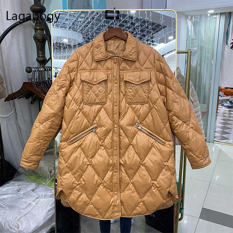 Lagabogy Winter Ultra Light 90% White Duck Down Coat Long Sleeve Warm Parka Female Casual Single Breasted Puffer Jacket 211018