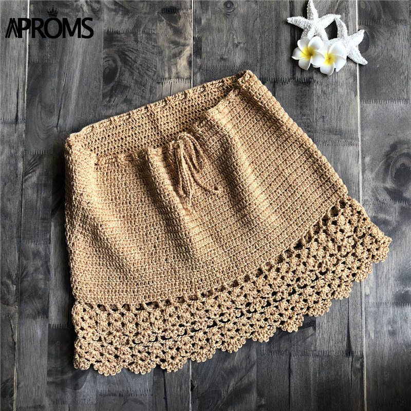 Aproms Elegant Handmade Cotton Crochet Mini Skirts Women Summer High Waist Bow Tie Skirt Ladies Beach Bikini Bottoms Saias 2021 210309