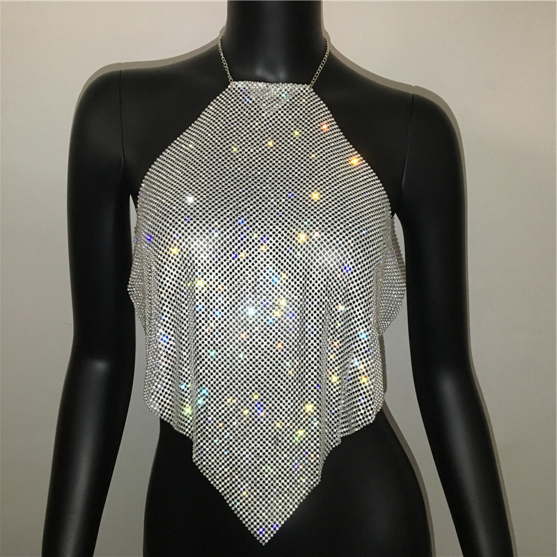FestivalQueen Sexy Halter Rhinestone Diamonds Crop Tops Women Low Cut Adjustable Metal Chain Backless Camisole Cropped Top 210308