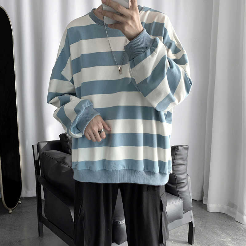 Lovers Sweatshirts Men Casual Loose Sweatshirts Oversized Spring Streetwear Striped Male Hiphop Winter Homme Clothing 210927