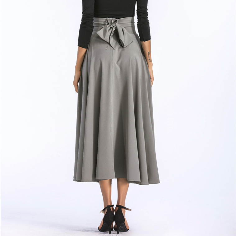 Colorfaith Women Slit Long Maxi Skirt Vintage Ladies Fashion Pleated Flared Pockets Lace Up Bow Plus Size 4XL Skirt SK8831 210306