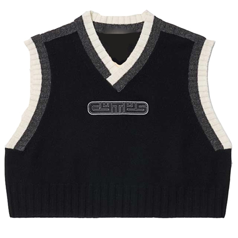 Women Retro Knitted Sleeveless Vest V-Neck Letters Print Loose Sweater Crop Top 210819