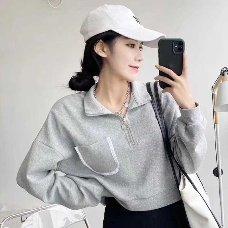 Yedinas Casual Cropped Hoodie For Women Long Sleeve Turn-down Collar Cotton Zipper Sweatshirts Crop Tops Autumn Korean 210527