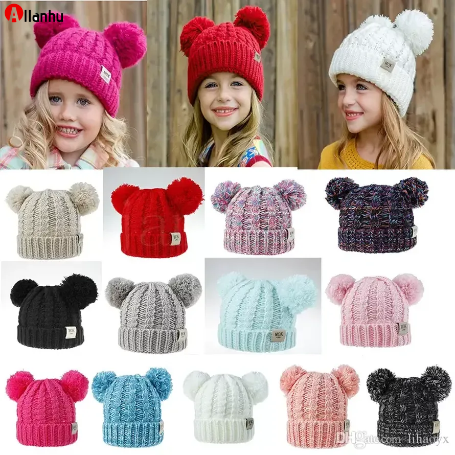 Kid Knit Crochet Beanies Hat Girls Soft Double Balls Winter Warm Hat 13 Colors Outdoor Baby Pompom Ski Caps xcawe