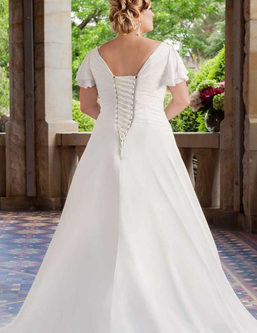 2021 New Plus Size Wedding Dresses Short Sleeve V Neck Beaded Ruffles Chiffon A Line Bridal Gowns Lace Up Back Custom Made 0431