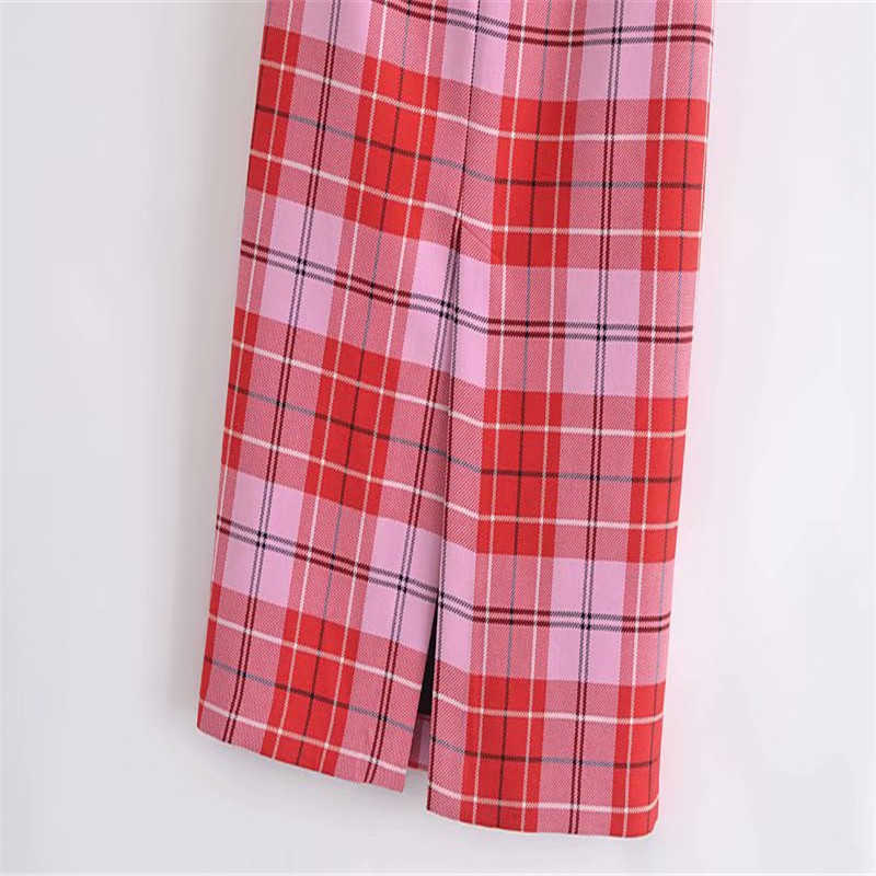 Za Vintage Plaid Midi Skirt Women High Waist Spring Red Skirts Woman Fashion Back Vent Side Zip Casual Straight Skirts 210602