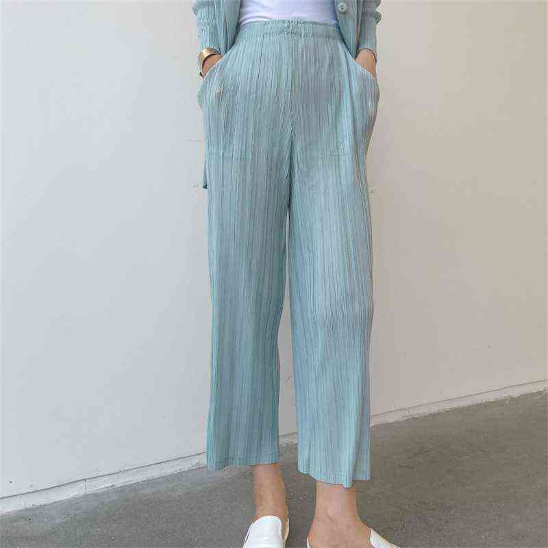 DEAT Frilly Pants Woman Solid High Waist Elastic Simple Thin Nine Length Loose Straight Causal Style Wild Autumn XQ362 211115