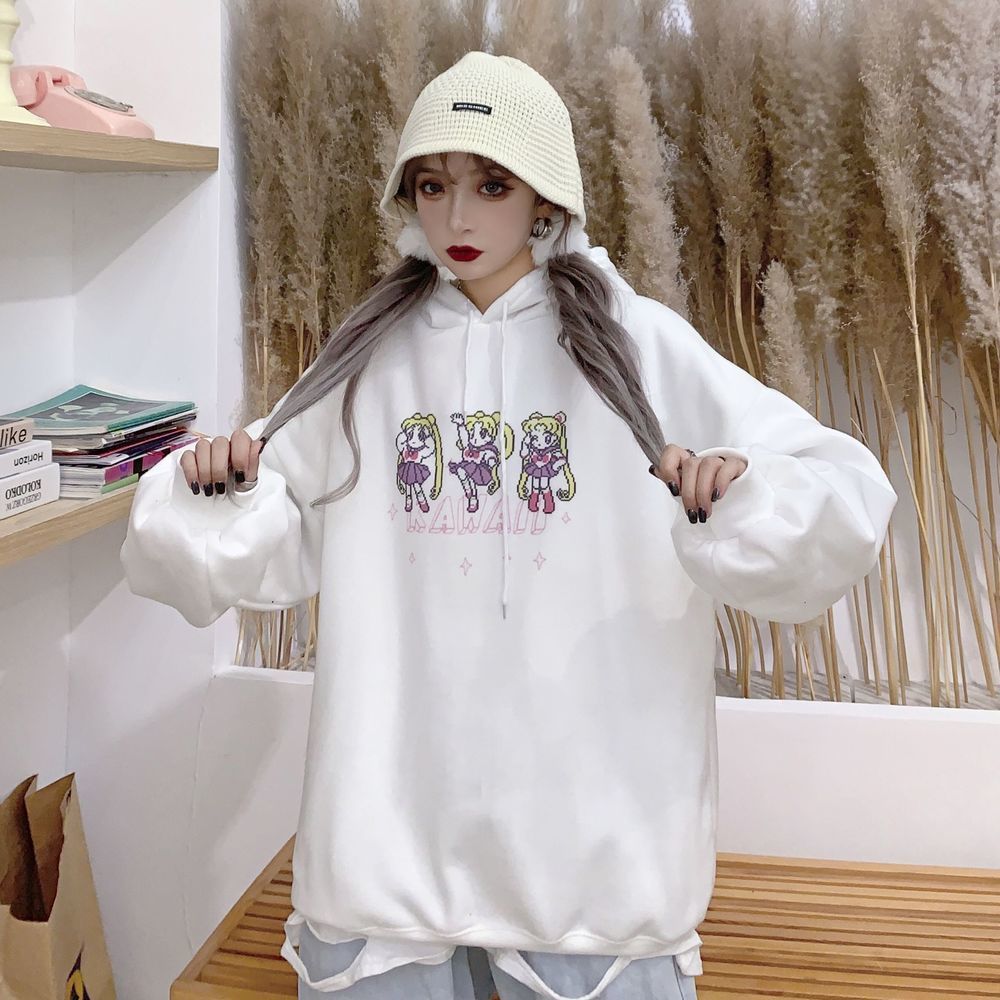 Sailor Moon Cartoon Print Hoodies Women Hooded Long Sleeve Autumn Winter Sweatshirts Harajuku Cute Kawaii Tops Oversize Pullover 201112