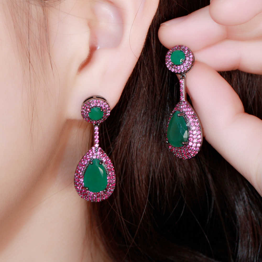 CWWZircons Micro Pave Pink Cubic Zirconia Green Emerald Dangle Water Drop Silver Engagement Party Earring for Women CZ868 210624