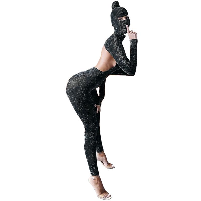 Fashion Women Sparkling Tight Jumpsuits with Balaclava Hood Mask, Sexy Open Back Sequin Long Romper Playsuits