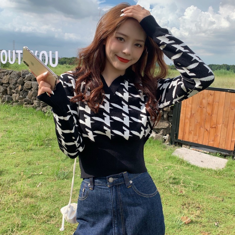 women's sweaters retro xadrez de manga comprida pulôver suéter feminino fino curto estilo britânico coreano houndstooth i9mq, White;black
women's sweaters retro xadrez de manga comprida pulôver suéter feminino fino curto estilo britânico coreano houndstooth i9mq, White;black