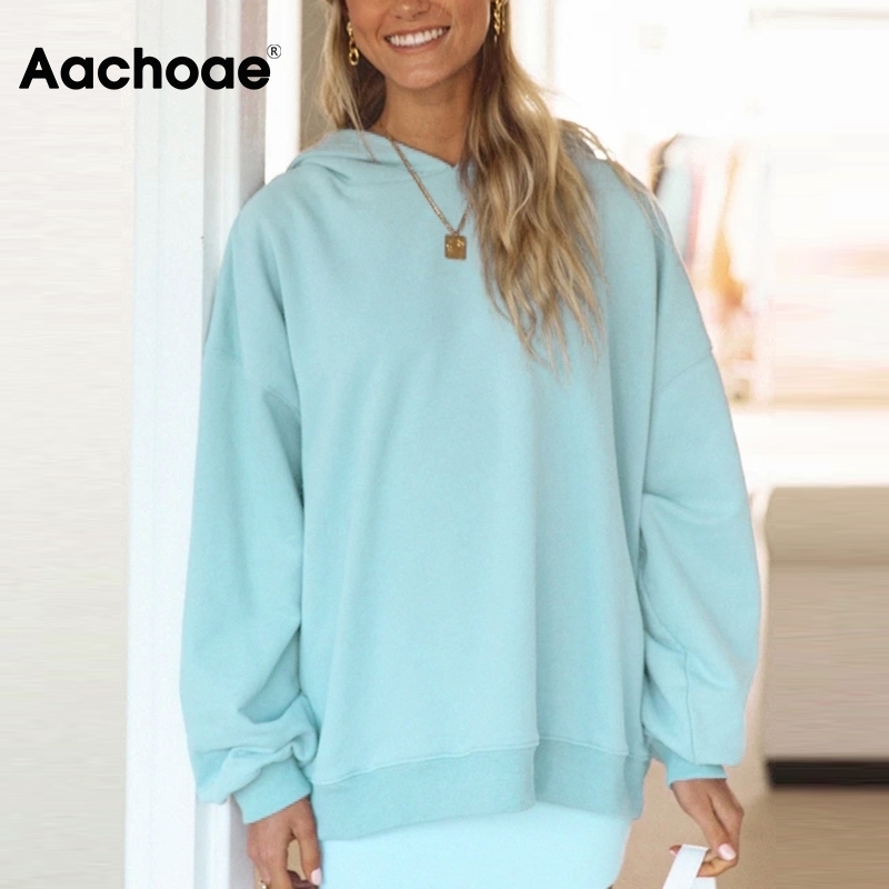 Aachoae Casual Solid Pullover Hoodies Sweatshirts Women Batwing Long Sleeve Loose Base Tops Lady Office Wear Hooded Hoodie 201204