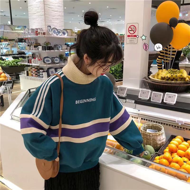 Winter Korean style Harajuku plus velvet hoodies women hoodies thick high collar stitching sweatshirt loose tops coat tide 201211