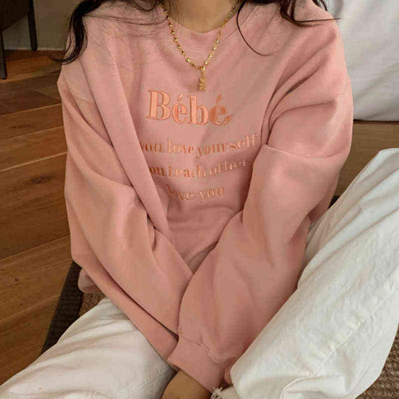 Korejpaa Chic Letter Embroidery Sweatshirt Women Autumn Simple Korea Fashion Ladies O-neck Long Sleeve Loose Casual Tops 211108