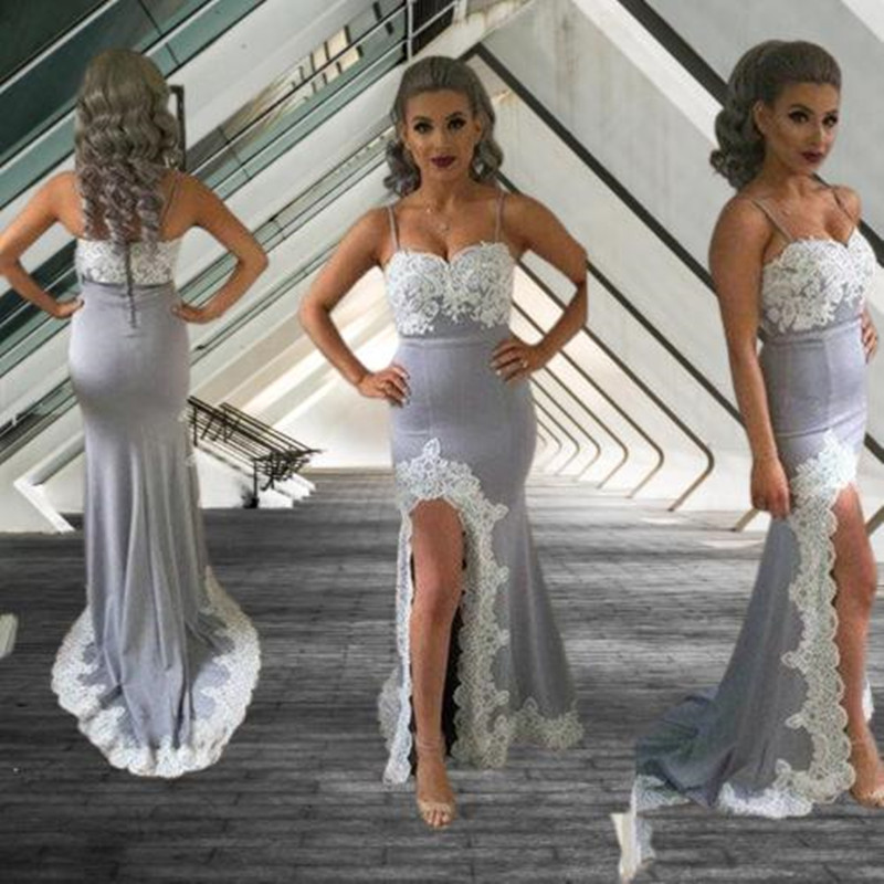 Aplique Lace Party dresses for weddings Sexy Grey Evening Dress Mermaid Spaghetti For Women 2022 Long Gowns