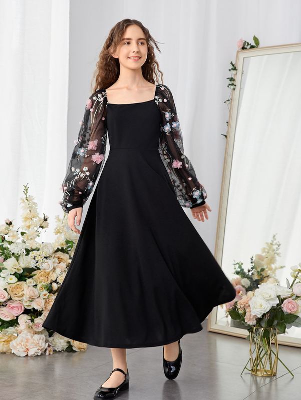 Teen Girls Floral Embroidery Mesh Panel Appliques Dress Without Belt SHE