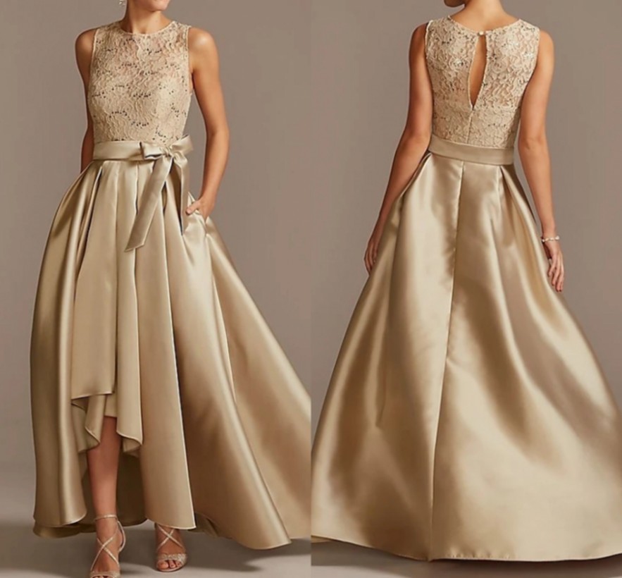 High Low Champagne Mother of the Bride Dress Bow Plus Size Elegant Vintage Top Lace Ankle Length Satin 2022 Groom Party Gown