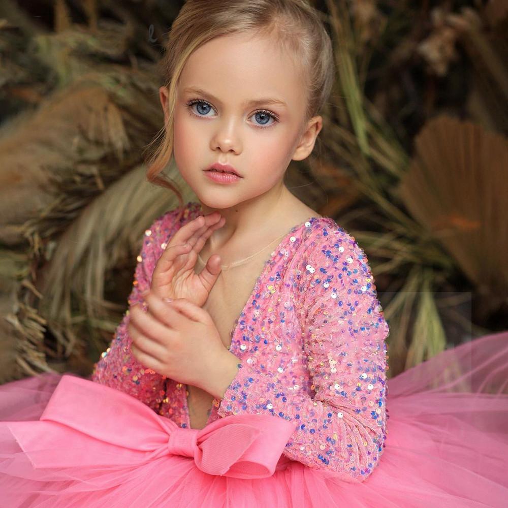 Pink Blue Sequins Short wer Girl With Long Sleeves Sheer Neck Bead Christmas Princess Girls Pageant Gowns Tulle Birthday First Communion Dress