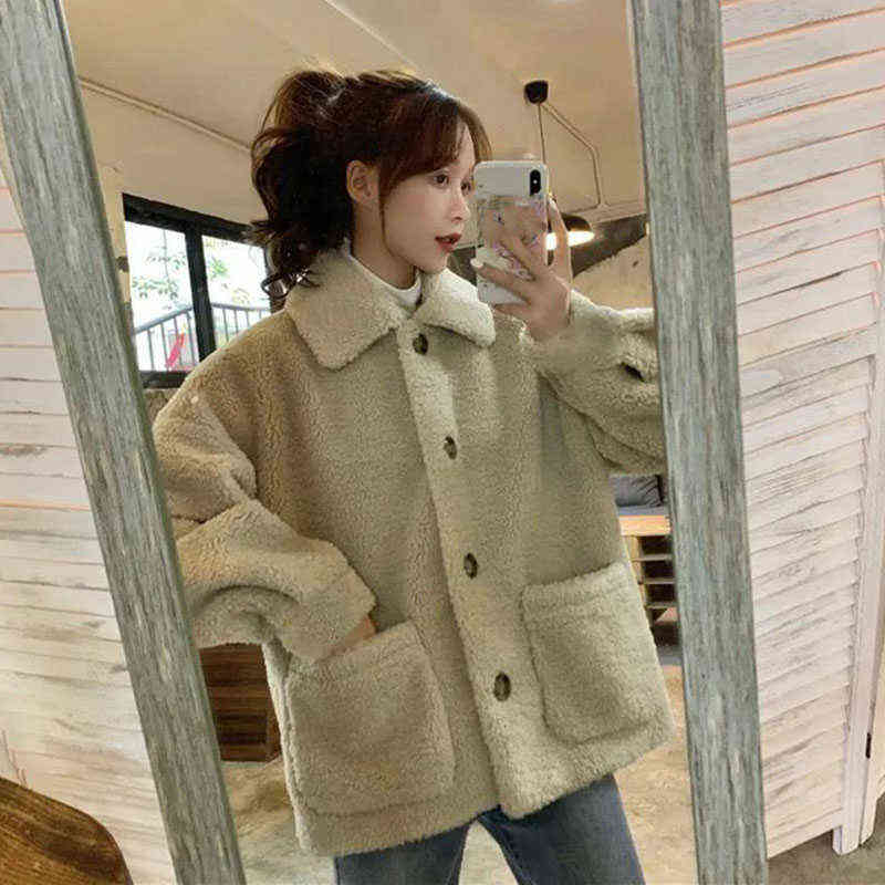 Lucyever Autumn Winter Lamb Wool Coat Women Korean Turndown Collar Teddy Overcoat Female Harajuku Warm Faux Fur Jackets Outwear 211123