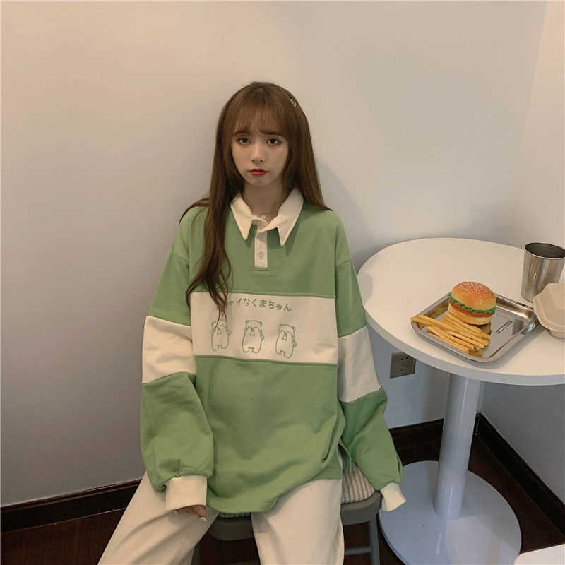 Vintage POLO Collar Letters Print Oversized Sweatshirt Women Girls Harajuku Autumn Korean Kawaii Clothes Pullovers 210910