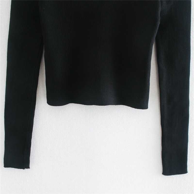 TRAF Women Fashion Strapless Long Sleeve Halter Knit Top Hollow Sweater Streetwear 211011Z
