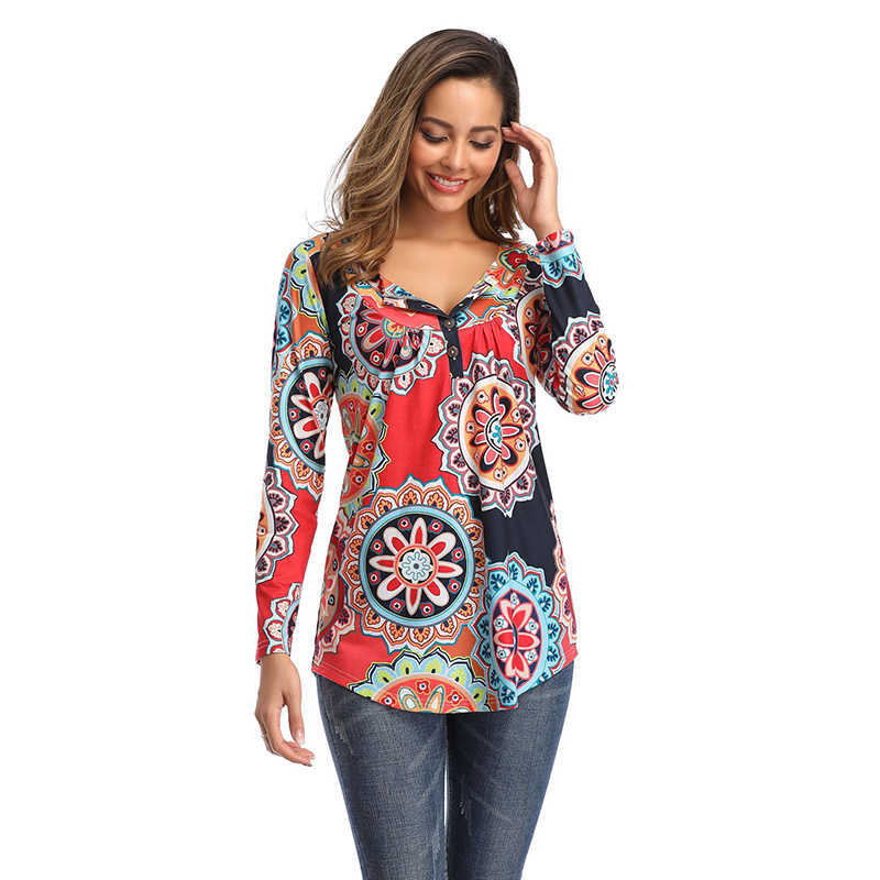 Womens Tops And Blouses O-neck Print Casual Long Sleeve Boho Clothing Women Plus Size Fashions Floral Blouse Shirts 210603