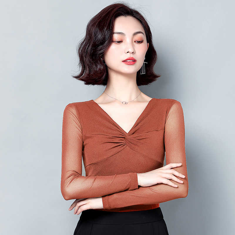 Korean Women Blouses Woman Elastic Mesh Blouse Tops V-neck Basic Plus Size Autumn Ladies Solid Long Sleeve 210531