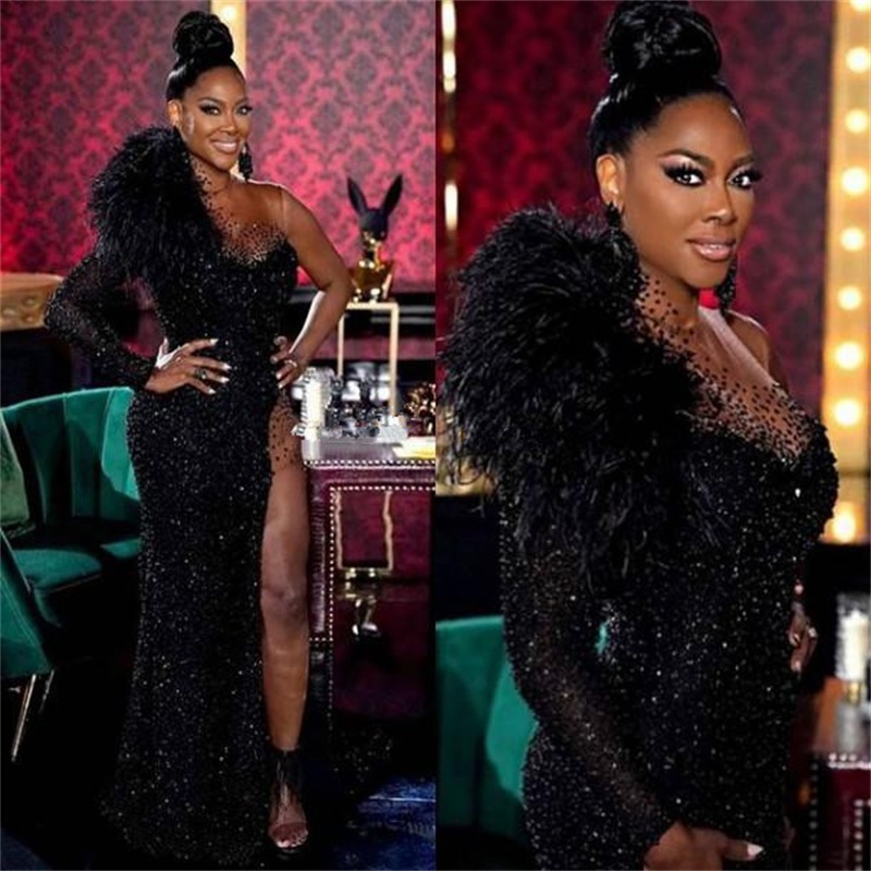 Plus Size Arabic Black Mermaid Sexy Prom Dresses Bling Sequins Beaded High Split Sequined Evening Dress Formal Party Second Reception Gowns Robe de ma