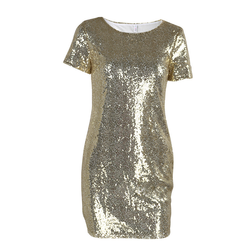 Sequins Gold Dress Spring Summer Women Sexy Short T Shirt Dress Evening Party Elegant Club Dresses 210309