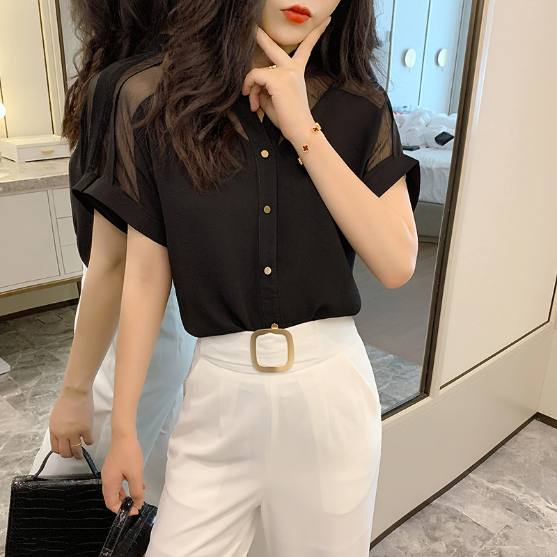 2021 Summer New Style Short-Sleeved Top Women Fashion Solid Color Mesh V-neck Women Shirts Pullover Chiffon Women Blouse 9632 210225