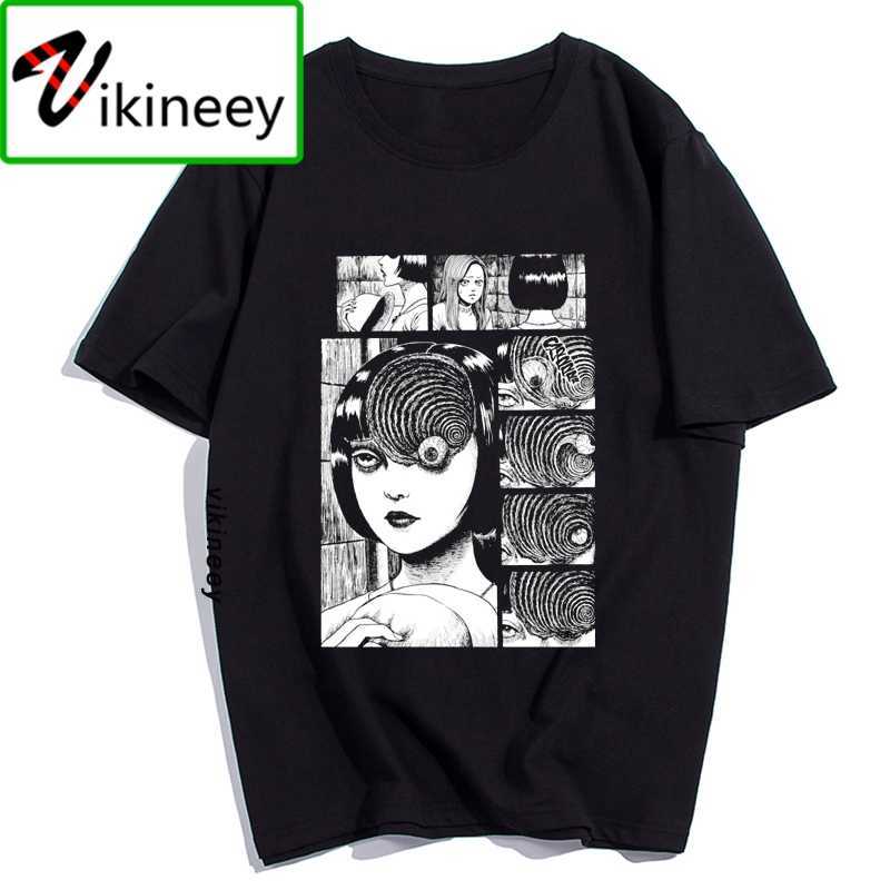 Men Clothes Junji Ito Print Man's T-shirt Harajuku Short Streetwear Aesthetic Anime Shirt Cotton Black Tshirt 210629