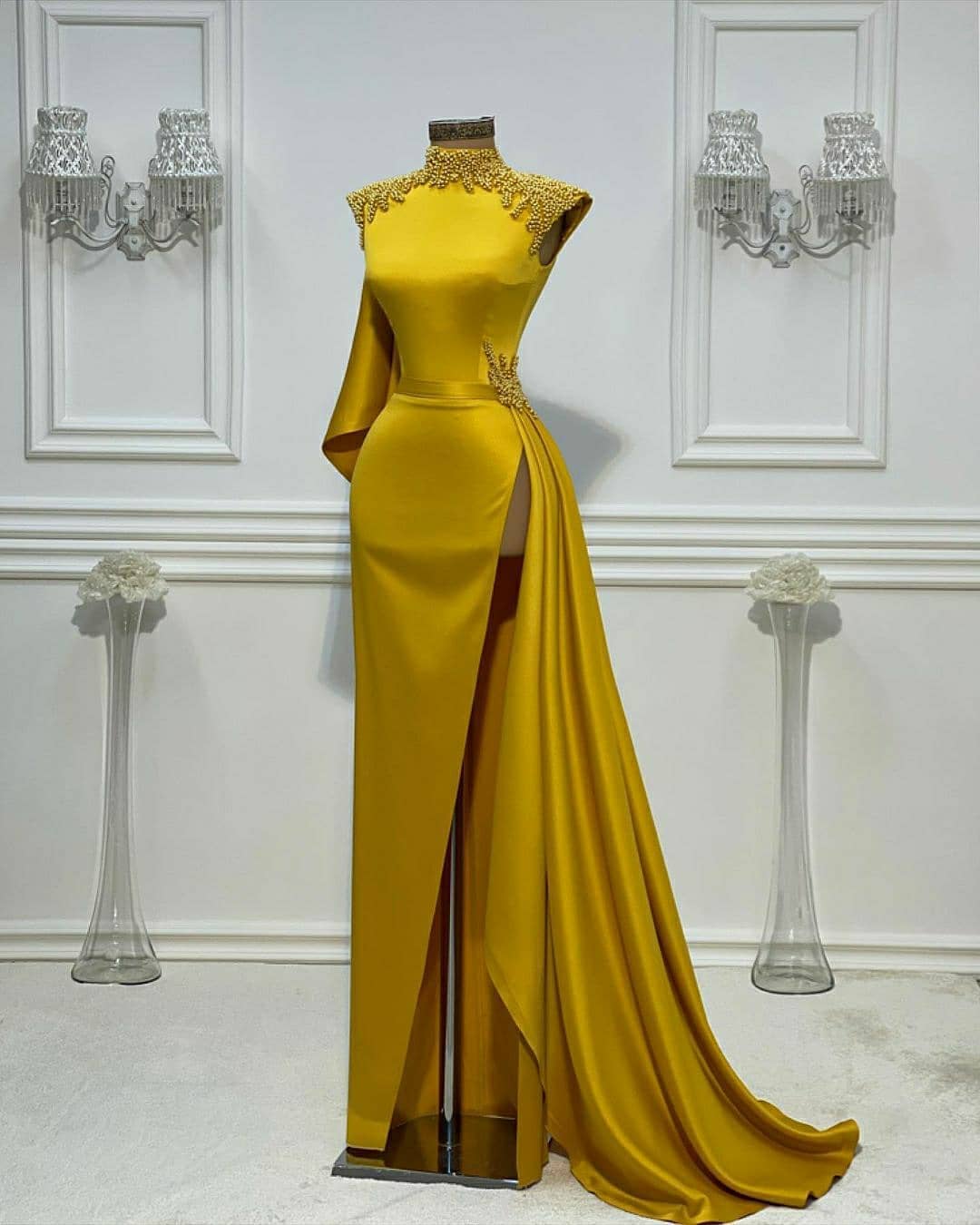 Aso Ebi 2021 Arabic Gold Sexy Sheath Evening Dresses Pearls High Split Prom Dresses Satin Formal Party Second Reception Gowns ZJ554