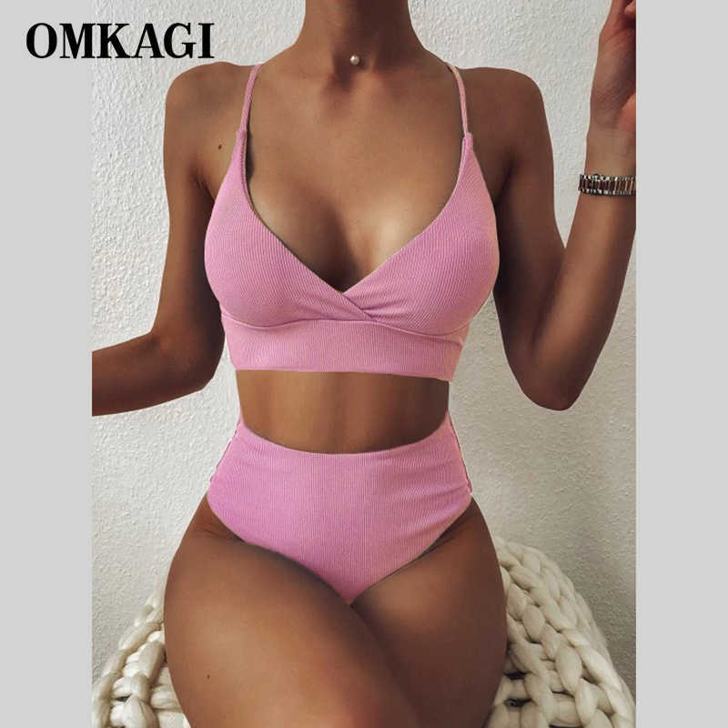 OMKAGI Women Swimsuit Ribbed High Waist Solid Black White Push Up Bikini Sets Swimwear Female with Padded Bathing Suit 210611