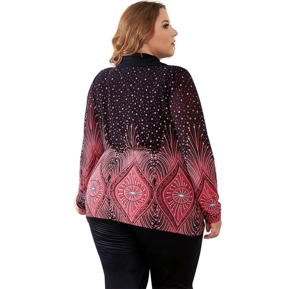 YTL Turn Down Collar Ladies Plus Size Shirt Flare Sleeve Print Blouses Women Big Sizes Winter Diamonds Brooch Vintage Tops H033 210225