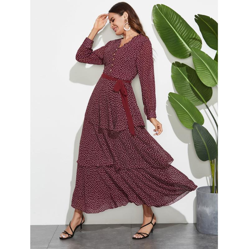 Ethnic Clothing Fashion Women Polka Dot Dress Abaya Vintage Bow Long Sleeve Maxi Dresses Kaftan Muslim Party Gown Holiday Jilbab Islamic Clo