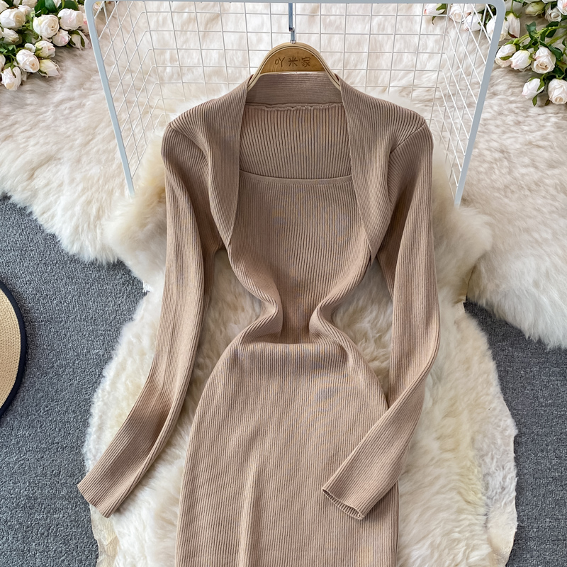 Autumn new design womens sexy retro square collar long sleeve solid color knitted vent jag maxi long dress