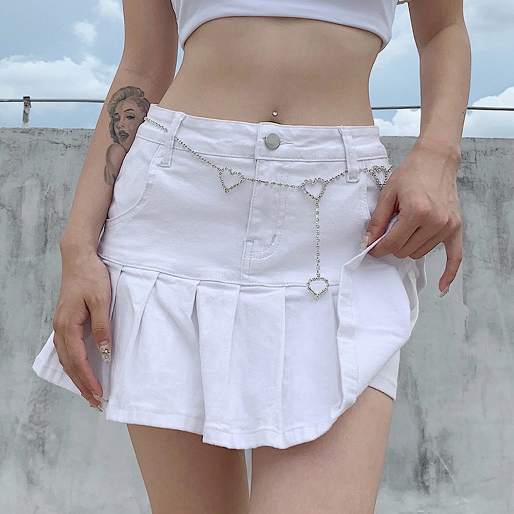 Women Jeans Partywear High Waist Pleated Zipper Mini Skirts Summer Streetwear Bottom Y2k Skinny Blue Skirt 210306