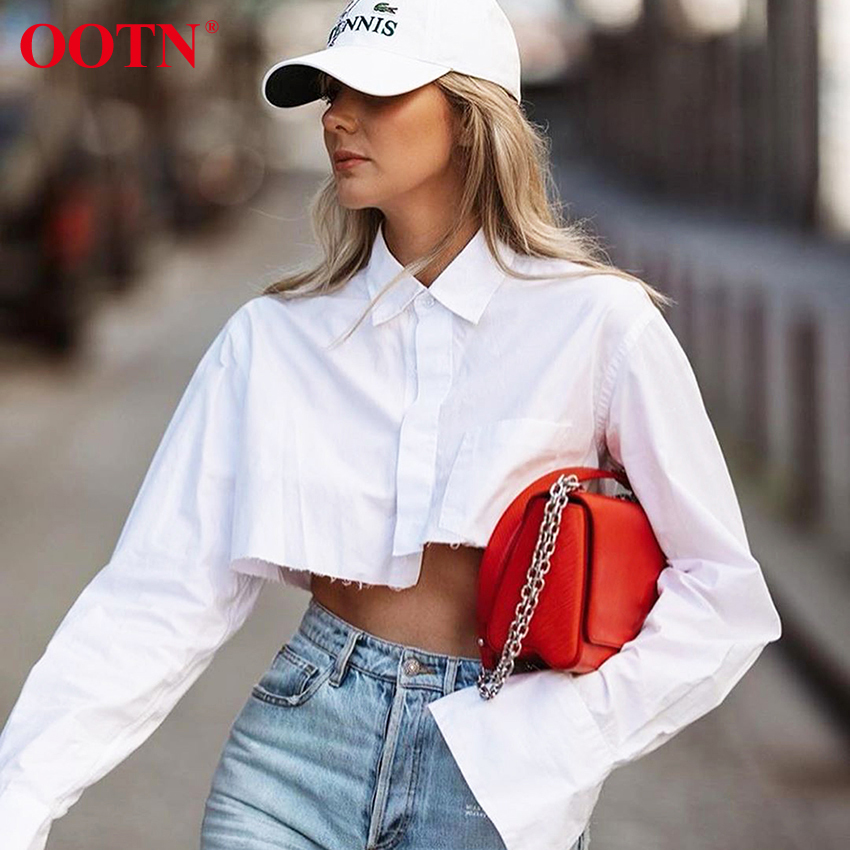 OOTN White Sexy Crop Top Long Sleeve Women Blouse Shirt Cotton Solid Asymmetrical Hem Casual Top Female Blouse Button Bown 210302 - view 3