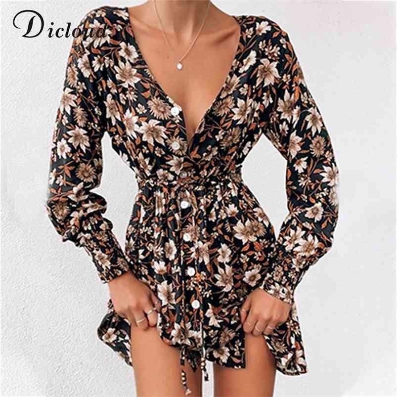 DICLOUD Women Floral Print Boho Party Dress Sexy V Neck Long Sleeve Spring Clothes With Waist Tie Elegant Day 210623