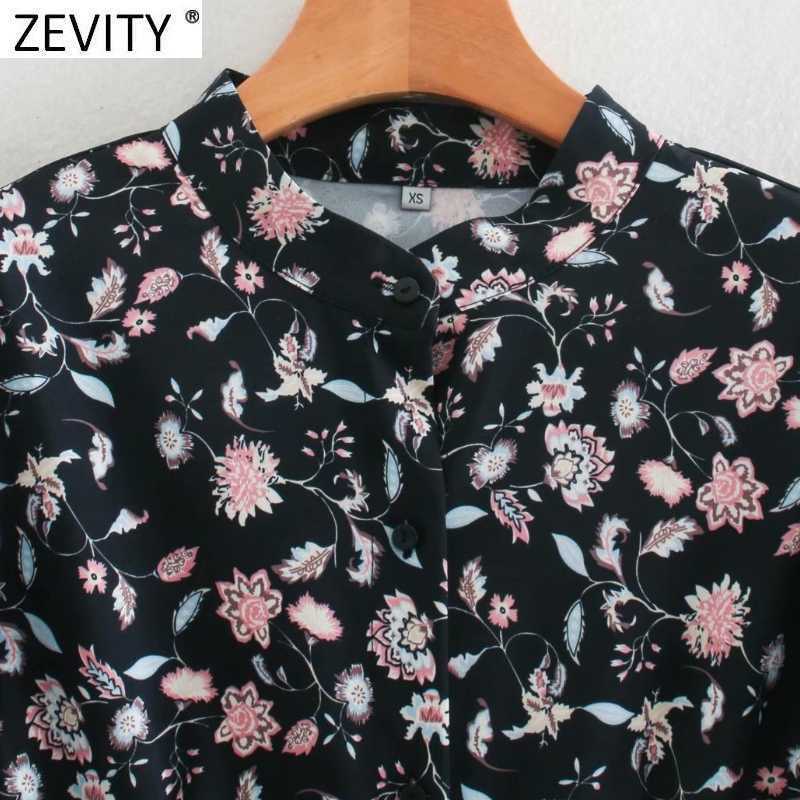 Zevity Women Elegant Stand Collar Floral Print Bow Sashes Shirt Dress Femme Long Sleeve Breasted Casual Vestido Cloth DS4699 210603