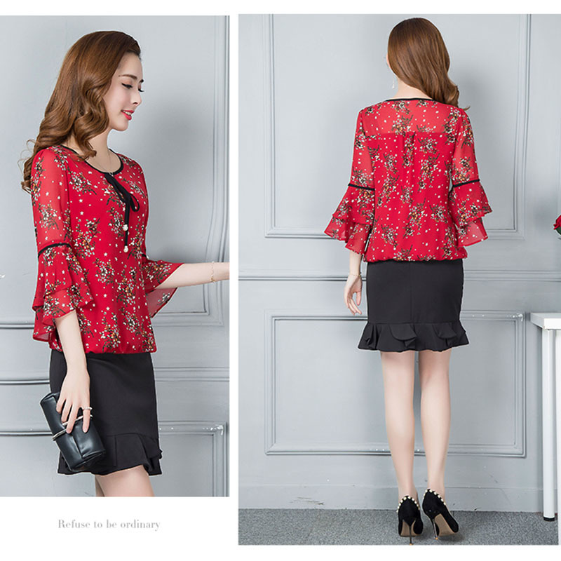 summer tops chiffon blouses women shirt fashion flare sleeve shirts print blouse blusas plus size women clothing DF2393 210225