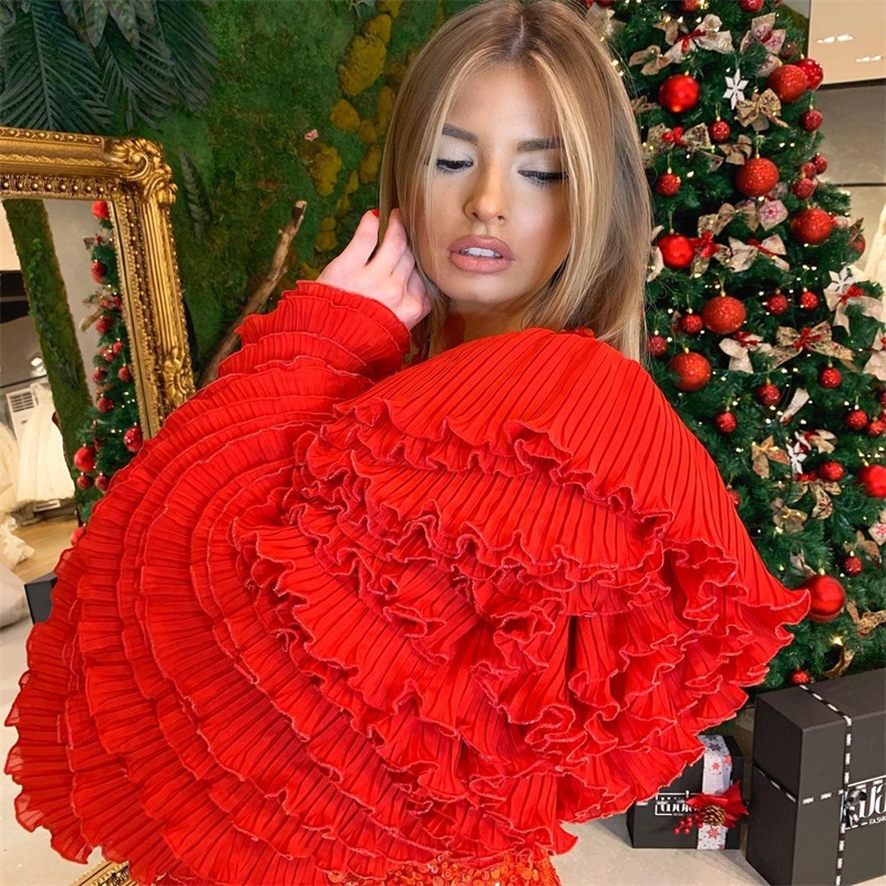 Two Pieces Fashion Evening Dresses Glitter Sequins Ruffles Long Sleeves Sweep Train Formal Party Gowns Custom Made Plus Size Robe de mariée