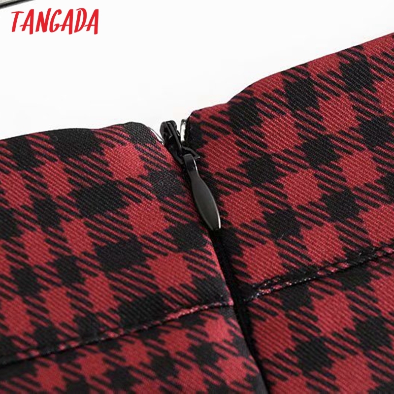 Tangada Women Red Plaid Midi Skirt Faldas Mujer Vintage Zipper Office Ladies Elegant Chic Mid Calf Skirts QN12 210309