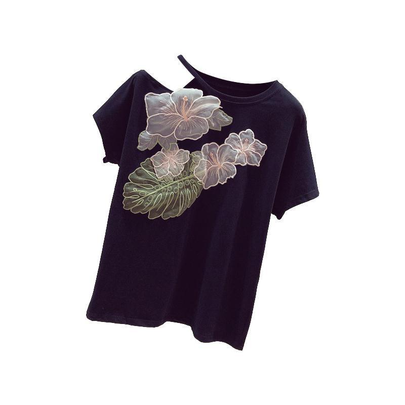 Neploe Korean Mesh 3D Flowers Women T-shirts Strapless Short Sleeve O-neck Korean T Shirt Summer Causal Top Tee Femme 4A427 210306