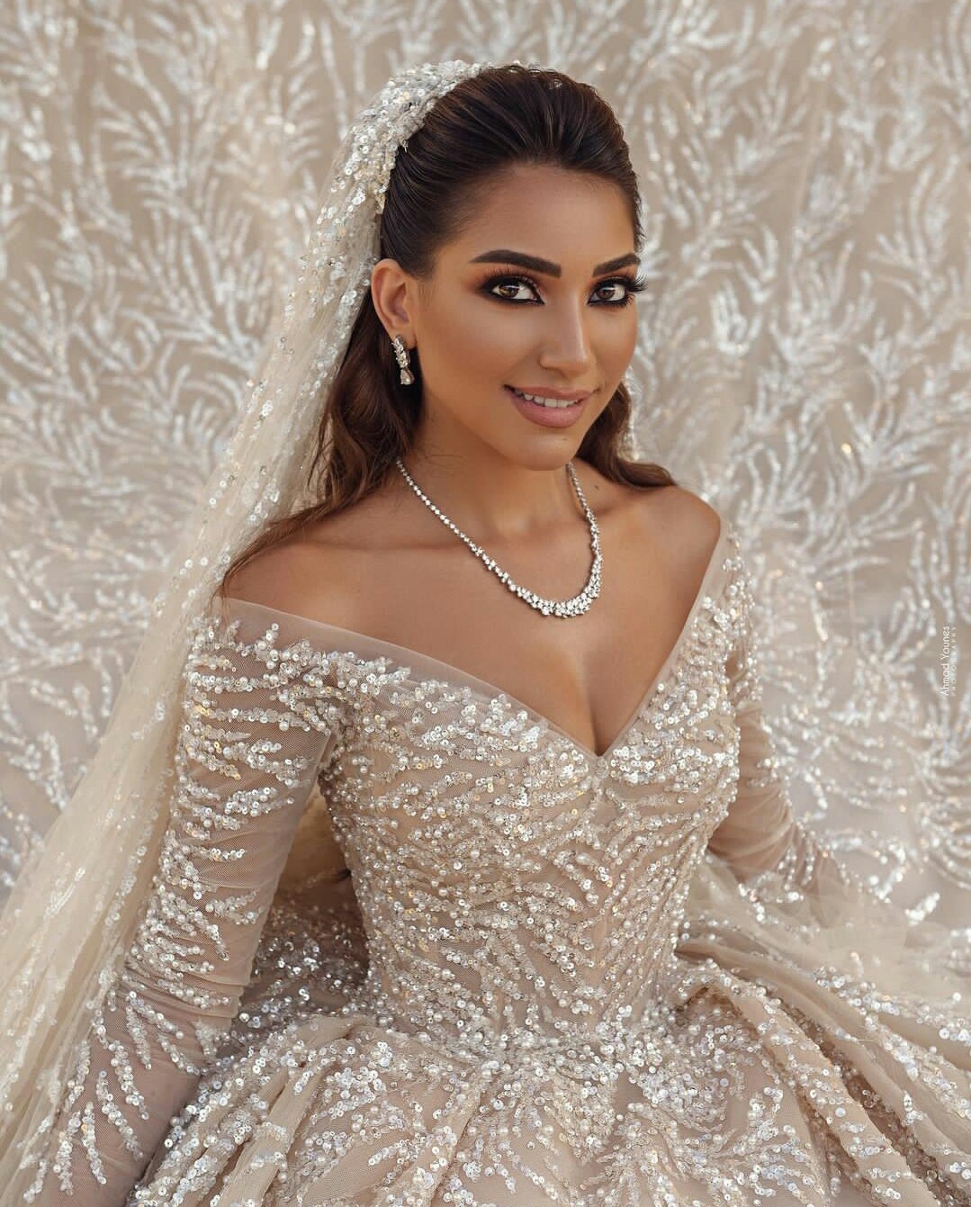 a line muslim wedding dress v neck illusion long sleeves cathedral bridal gowns custom made beading vestido de novia