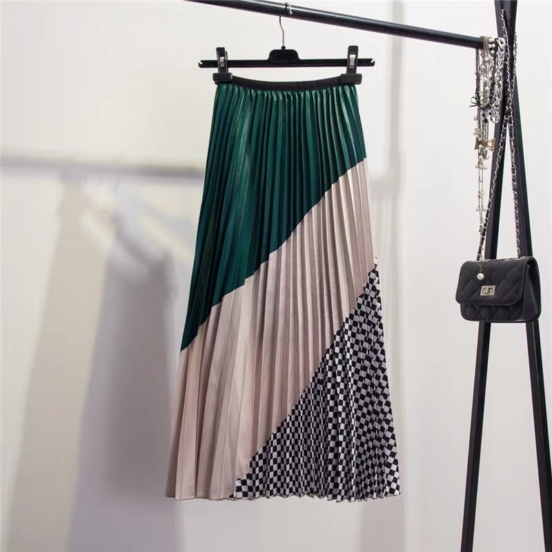 Marwin Spring -Coming Europen Color Matching Plaid Pleated skirt High Street Style Mid-Calf Empire Striped Women Skirts 210315