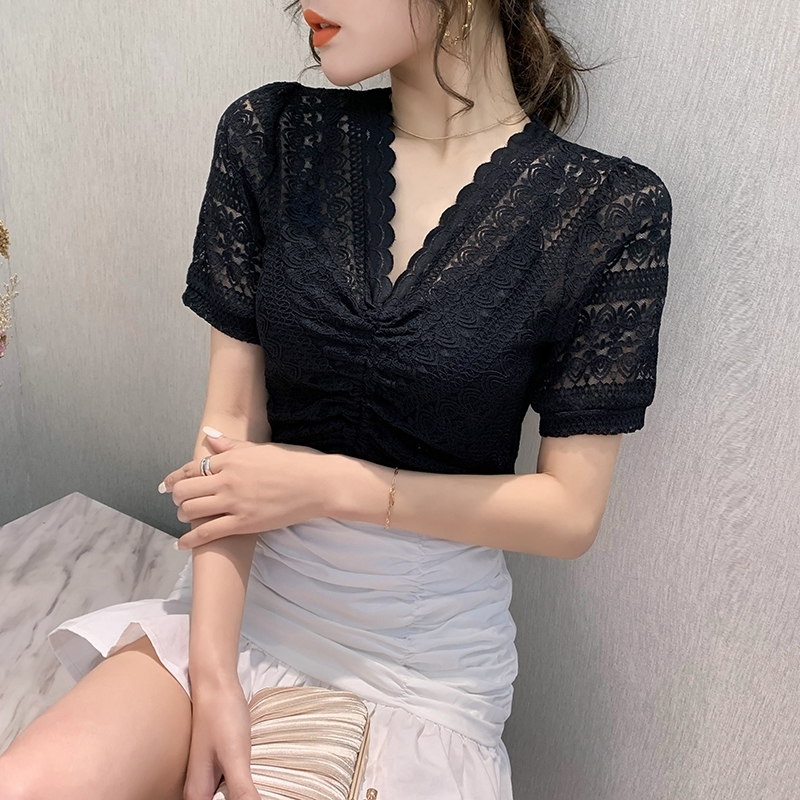 Summer Korean Clothes T-shirt Fashion Sexy Lace Hollow Out Women Tops Ropa Mujer Shirt Lace Up All Match Tees New T04826 T200614